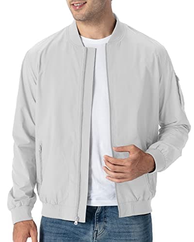Image of donhobo Men's Spring Autumn Casual Jackets,Lightweight Bomber Jacket Outdoor Sports Windbreakers Thin Baseball Coats with Zipper Pockets White L