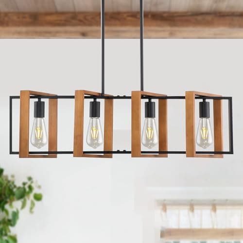 Image of Mikeru Farmhouse Pendant Light, 4 Light Black Metal Industrial Pendant, 80cm Vintage Wooden Pendant, Height Adjustable Indoor Lighting Fixtures for Kitchen Island, Dining Room, Cafe