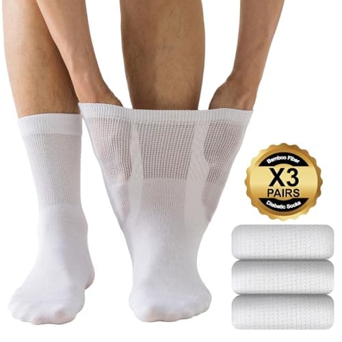 Image of Niorasen Men's Diabetic Socks, 3 Pairs Bamboo Socks for Swollen Feet & Legs, Elastic Soft Top, Breathable, Seamless, White, Size 9-11