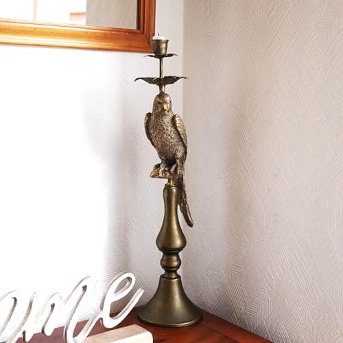 Image of 51cm Antique Resin Parrot Gold Candle Stick Holder Metal Stand Top Bird Statue