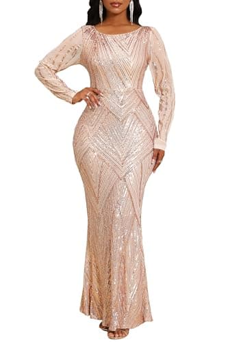 Image of VERWIN Women's Sequins Bodycon Round Neck Long Sleeve Sparkly Mermaid Maxi Casual Party Cocktail Dress M Champagne