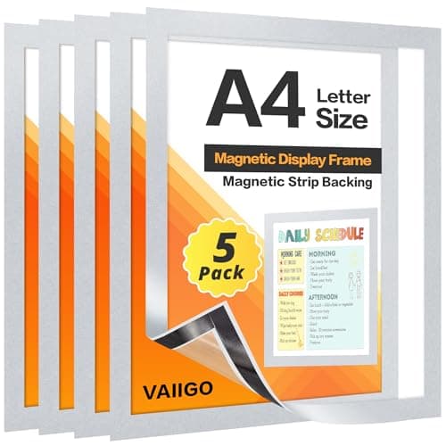 Image of VAIIGO A4 Magnetic Display Frame for Fridge, 5Pack Magnetic Sign Holder, Picture Display Frame Document Paper Holder for Fridge Whiteboards and Metal Surfaces, Silver