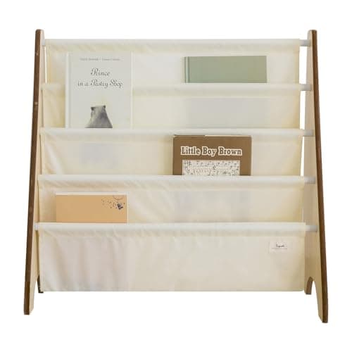 Image of 3 Sprouts Recycled Fabric Kids Bookshelf – 4-Tier Sling Book Rack Storage - Kids Room Book Shelves, Nursery, Playroom, Classroom - Bookcase Display Shelf for Toddler, Children Age 3+ - Solid Cream