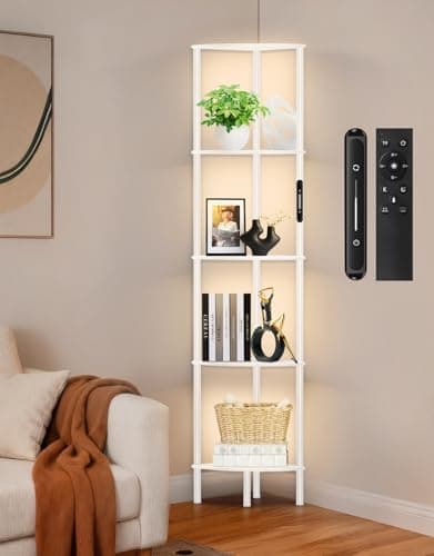 Image of OUTONLIFE 5 Tier Floor Lamp with Shelves, LED Light, Touch & Remote Control, 3 Color Temperature, Dimmable Tall Corner Standing Bookshelf, Small Display Shelf for Living Room, Bedroom, Office(White)