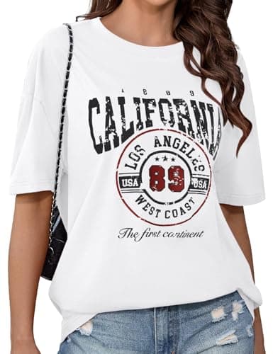 Image of CMTOP Oversized T Shirts Women Crew Neck Short Sleeve Summer Tops Women's Cotton Letter Printed T-Shirts Casual Loose Graphic Tee Shirts Tunic Tops (White, L)