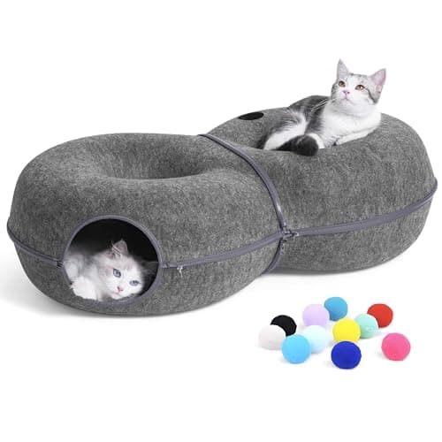 Image of DOOKRON 8-Shaped Large Cat Tunnel Bed for Indoor Cats, Infinite Circulation Peekaboo Cat Cave with 12 Toy Balls, Donut Tunnel for Cats up to 14kg (Dark Grey, L)