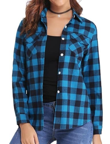 Image of Aottori Women Flannel Checked Shirt Ladies Long Sleeve Cotton Casual Plaid Shirts V Neck Button Down Blouse Top with Pockets Blue XL