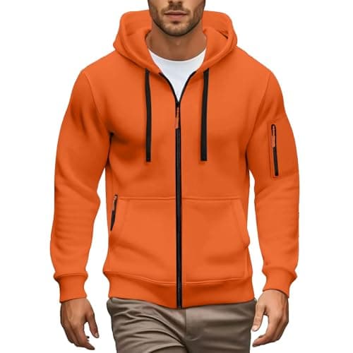Image of Mens Zip Up Hoodies Fall Winter Full Zip Hooded Jacket Long Sleeve Pullover Zipper Coat Men's Hoodie Fashion Casual Sweatshirt Sports Hooded (Orange, XXL)
