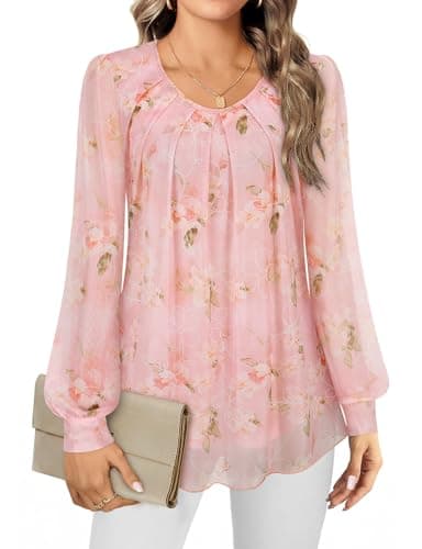 Image of Gemulate Dressy Tops for Women UK Elegant Blouses Long Sleeve Chiffon Plus Size Ladies Tops Loose Flowy Round Neck Chiffon Top Double Layers Mesh T Shirts Pink Floral XXL
