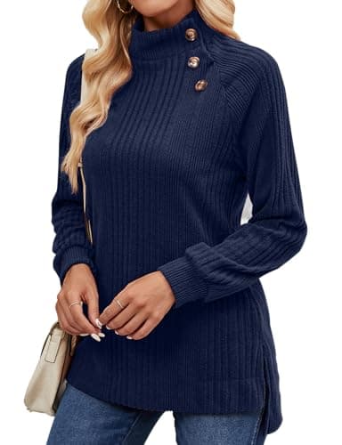Image of Akiooue Cashmere Jumpers Ladies, Long Sleeve Basic Tops Soft Feel Jumpers Turtleneck with Decorative Button Size 8-10 Navy Blue Size 12-14