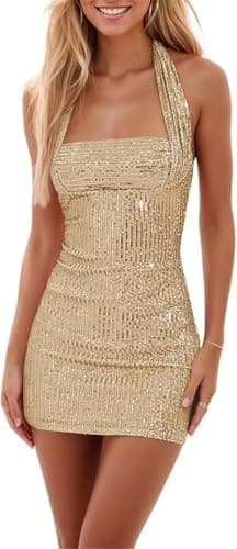 Image of LLECDASEUI Sparkly Sequins Homecoming Mini Dress for Teen Girls, HOCO Halter Wrap Short Dresses, Cocktail Prom Gown (S,Gold)