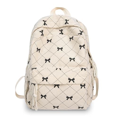 Image of Aurelx White Bow Backpack, Cute Corduroy Backpack, Large Capacity Girls School Bag for School Travel Daily Use, Funny Bow Gifts for Women Girls Teenagers and Children