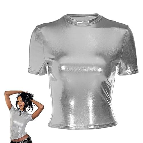 Image of Women's Shiny Tops, Holographic Metallic Short Sleeve Slim Fit T-Shirt, Shimmer Crop Top Mock Neck Party Blouse, Glitter Sparkle Disco Tee Shirt Blouse for Festival Rave Dance Costume Clubwear