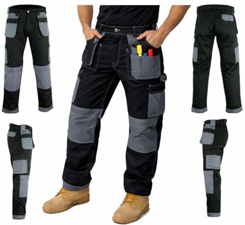 Image of GRS Multi Pockets Mens Combat Cargo Work Trousers with Knee Pad Pockets, Black, 34" Waist - Short