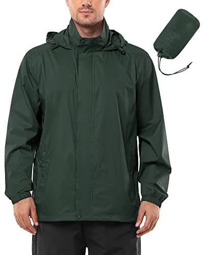 Image of Outdoor Ventures Mens Lightweight Waterproof Jackets, Packable Rain Jacket Breathable Windproof Raincoat Adjustable Hiking Outdoor Jacket Dark Green XL