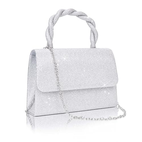 Image of Larcenciel Women's Clutches, Silver Top Handle Evening Bags w/Detachable Chain, Glitter Hand Bags for Women Ladies Glitter Cross Body Elegant Shoulder Bag for Party Prom Wedding Dinner, 20x5.5x13.5cm