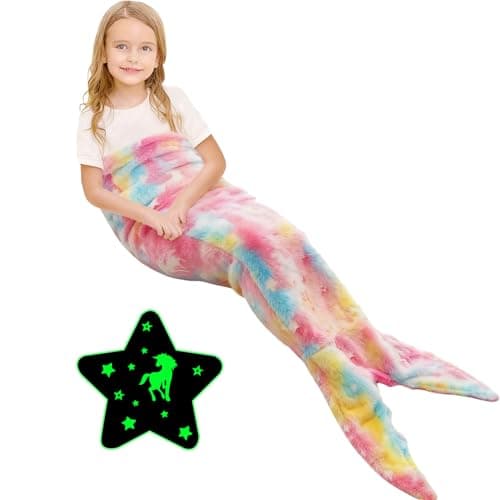 Image of Ranedo Mermaid Tail Blanket for Girls, Glow in The Dark Unicorn Flannel Throw, Soft All-Season Wearable Snuggle Blanket Gift for Kids & Teens,140cm x 60cm (Pink)