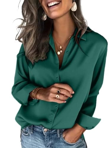 Image of Zeagoo Satin Blouse for Women UK Soft Office Business Blouse Button Down Long Sleeve Shirts Elegant V Neck Tunic Blouses Dark Green M