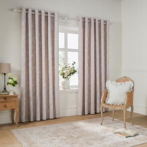 Image of furn. Wylder Bella Eyelet Curtain Pair – 100% Cotton Natural Botanical Floral Lined Drapes (Natural - 117x137cm)