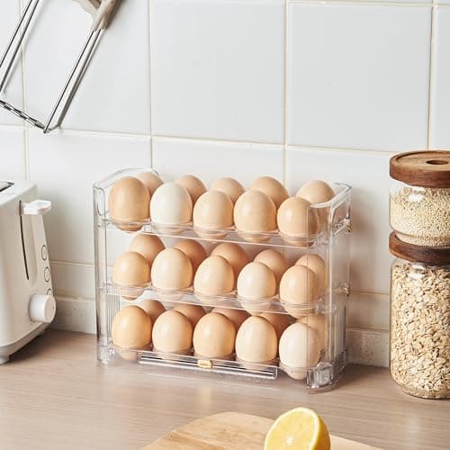Image of 3 Tier Stackable Egg Storage Container with Date Tracker, Clear BPA-Free Plastic Organiser, Space-Saving Holder for 30 Eggs with Movable Trays, Fits Fridge Door