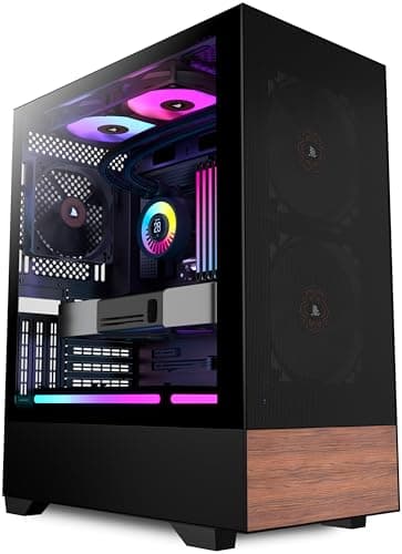 Image of PCZZOI PC CASE ATX 3 Case Fans Pre-Installed, Mid Tower Computer Case with Tempered Glass, Printed Walnut Wood Panels,Support 360mm Radiator,Black Gaming Desktop Case (H3)