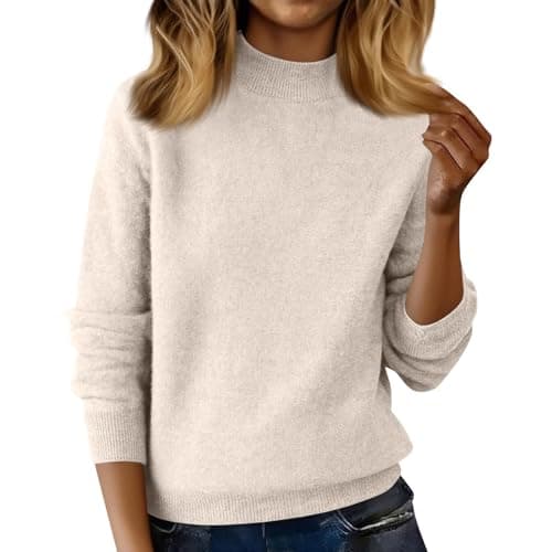 Image of Long Sleeve Crewneck Womens Cashmere Sweater Classic Fit Sweaters for Women Soft Lightweight Pullover Beige M