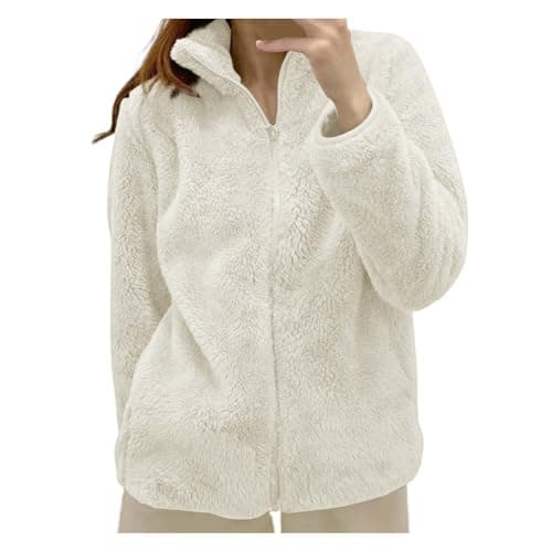 Image of Women's Fleece Jacket Ladies Lightweight Warm Full Zip Coat Fall Winter Soft Cozy Style Teddy Fleece Coats Solid Color Layering Tops Jacket for Leisure Work Outdoor Sport Hiking (White-a, XL)