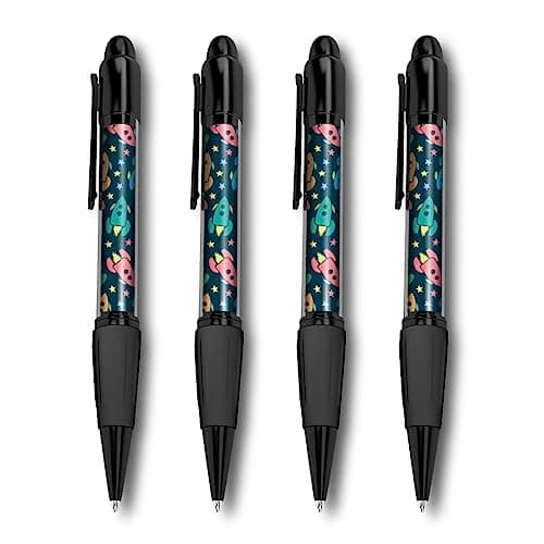 Image of Set of 4 Black Ballpoint Pens (Photo Insert) - Space Rocket Stars Universe Kids Boys - Soft Feel Finger Grip #170877