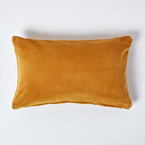 Image of HOMESCAPES Mustard Velvet Cushion Cover Super Soft Cotton Velvet Luxury Scatter Cushion Rectangle Plain Dark Yellow Accent Throw Pillow for Sofa and Bed Decoration with Hidden Zipper, 30 x 50 cm