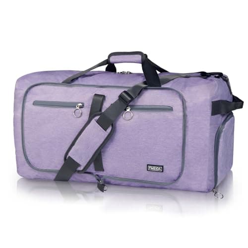 Image of Fmeida 65L Foldable Travel Duffle Bag, Lightweight Waterproof Weekend Luggage with Shoes Compartment, Large Overnight Holdall Tote, Purple
