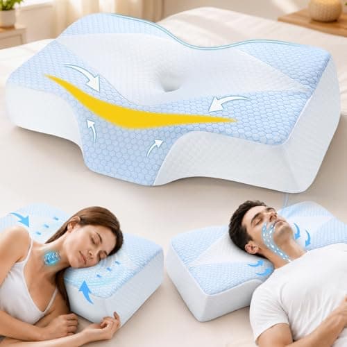 Image of Memory Foam Neck Support Pillow for Neck and Shoulder Pain Sleeping with Cooling Pillowcase: Ergonomic Cervical Pillow 5X Pain Relief - Contour Bed Bolster Pillows for Side Back Stomach Sleepers