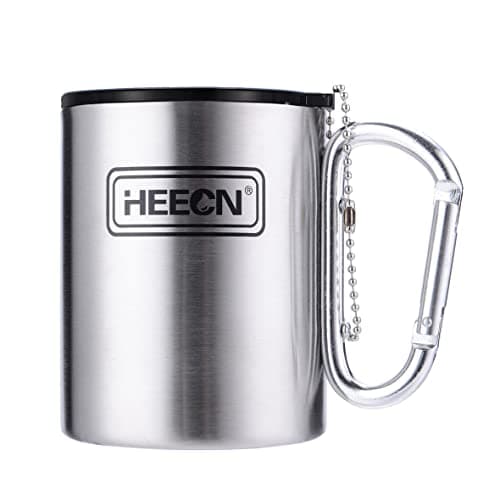 Image of HEECN Carabiner Mug with Lid - Camping Mugs for Hot Drinks - Hiking Cup - Stainless Steel Coffee Cups - 330ml with Sealed Drinking Lid