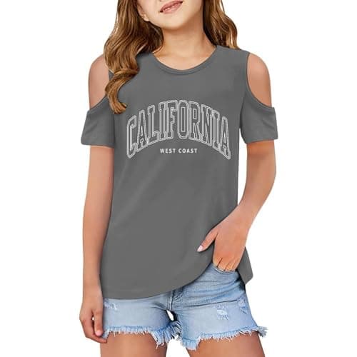 Image of Kids Off the Shoulder T Shirts Girls Age 3-12 Years Short Sleeve Round Neck Trendy Graphic Tshirts Teenage Girls Summer Cartoon Cute School Casual Sports Children Tunic Tops (Grey, 11-12 Years)