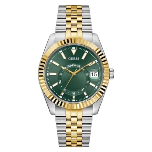 Image of Guess Jaden Ladies Watch Silver and Gold Stainless Steel Bracelet Mineral Glass Dark Green Dial 5 Bar Case Diameter 42mm GW0977G4