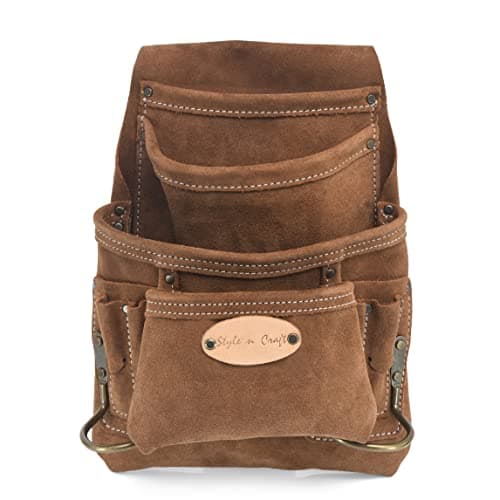 Image of Style n Craft 10-Pocket Carpenter’s Nail and Tool Pouch, Heavy-Duty Suede Leather Pouch, Dark Tan (88923)