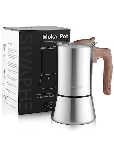 Image of Sivaphe Stovetop Espresso Maker 200ml, Induction Hob Italian Coffee Percolator Maker Moka Pot Stainless Steel 4 Italian Cups