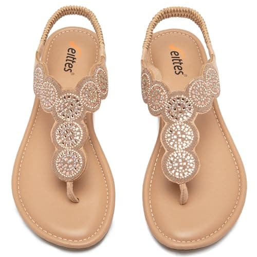 Image of Veittes Women's Bohemian Bling Flat Slide Sandals - Casual Summer Thong Sandals with Rhinestone Decor, Rubber Sole, Lightweight & Comfortable Ankle StrapThong Summer Sandals.(7004,GD/MF,5.5)