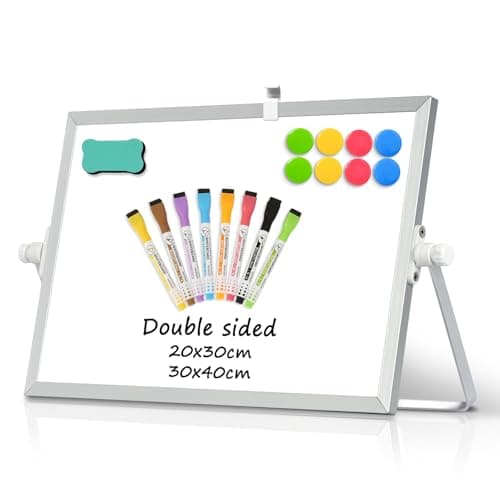 Image of DOLLAR BOSS Magnetic Desktop Whiteboard 20x30cm Double Sided Dry Erase Small White Board with Stand, A4 Mini Whiteboard 8 Pens, 1 Eraser, for Home Office, Back to School Supplies