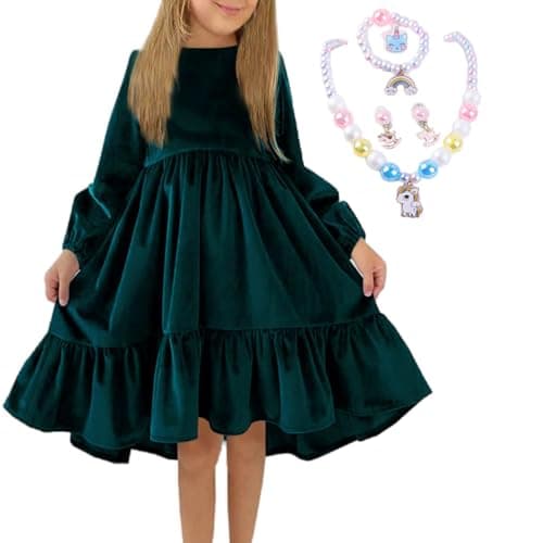 Image of Girls Dress Girls Vintage Velvet Long Sleeve Dresses Children's Christmas Dress Kid Princess Dresses Gift for Birthday Party Green
