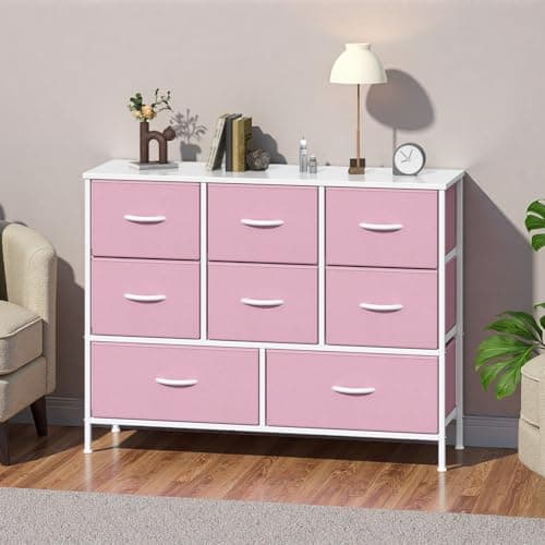 Image of GoaHi Chest of Drawers, Fabric Dressers with Metal Frame and MDF Wooden Top Board, Adjustable Feet, Anti-Tip Safety, Storage Unit with 8 Drawers for Bedroom, Living Room, Closet, Pink