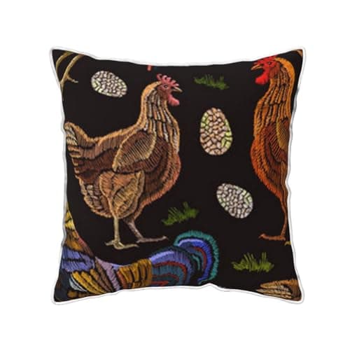 Image of AUBKFELD Chicken Print Printed Velvet Cushion Cover 50x50 CM with White Edging Strip, Square Pillowcase Soft Throw Pillow Covers Case Decorative for Living Room Sofa Couch Bed Bench
