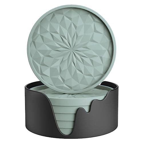 Image of STLIAN Silicone Coasters with Holder,[6 Pack] Drinking Coasters - Cup Mat for Hot or Cold Drinks, Thickened, Non-Slip, Non-stick,Deep Tray Desert Sage