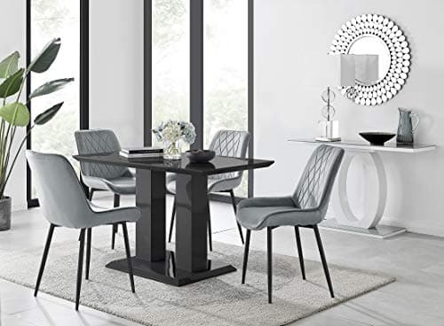 Image of Furniturebox UK Imperia Black High Gloss 4 Seater Dining Table. (Modern Contemporary Dining Table With 2 Pillar Base) With 4 Grey Velvet Pesaro Black Leg Chairs