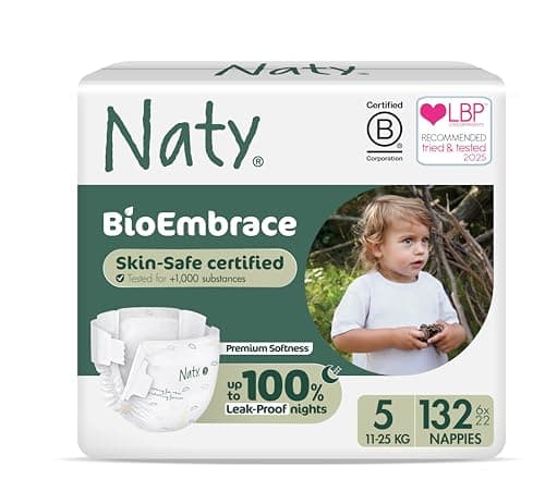Image of Naty BioEmbrace Baby Nappies | Sensitive Skin Safe Certified | Leak Protection up to 100% | Plant-Based Softness, Premium Comfort | Chlorine-Free |Size 5 (11–25kg), 132 Count