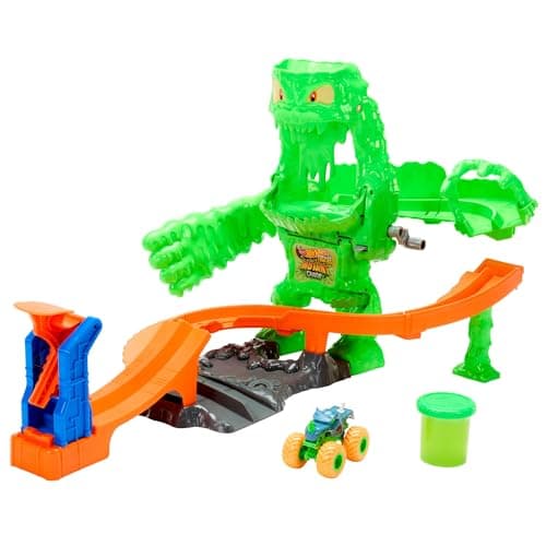 Image of Hot Wheels Monster Trucks Toy Truck Playset, Mutant Monster Takedown Playset with 1:64 Scale Mutant Rhinomite & 4 Ounces of Reusable Slime, JMK90