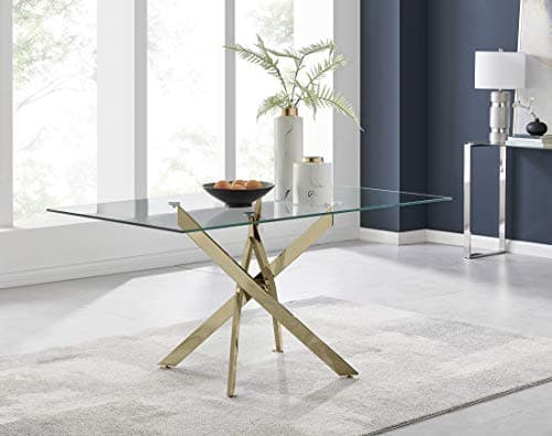 Image of Furniturebox UK Leonardo Clear Rectangular Tempered Glass and Gold Intwined Leg 6 Seater Kitchen Dining Table & 6 Faux Leather Silver Chrome Leg Milan Dining Chairs - TABLE ONLY