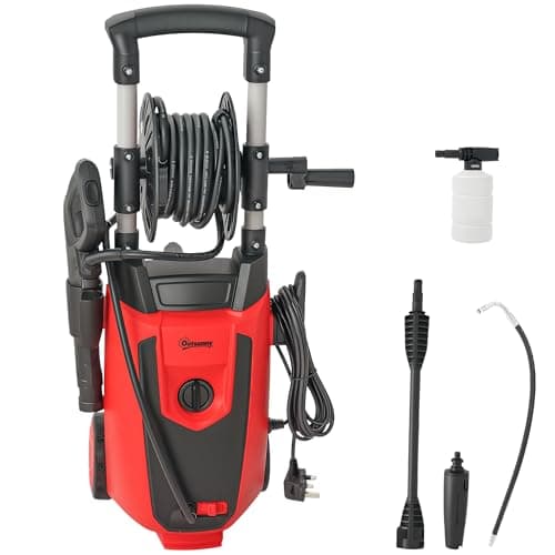 Image of Outsunny 1800 W High Pressure Washer, 150 Bar Pressure, 420 L/h Flow, Portable Electric Power Washer Jet Wash Cleaner with Adjustable Nozzle, 6 M Hose and Hose Reel for Home Patio Car Driveway, Red