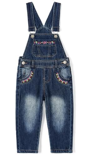Image of KIDSCOOL SPACE Baby & Little Girls Denim Overalls,Jean Workwear Dungrees,Deep Blue,18-24 Months
