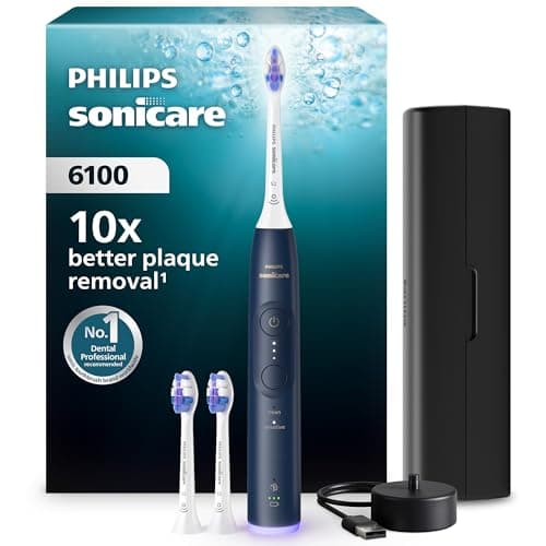 Image of Philips Sonicare 6100 Electric Toothbrush, Sonic Toothbrush with 2 Brushing Modes and 3 Intensity Levels, Pressure Alert, EasyStart, SmarTimer, Travel Case, Navy, Model HX7403/01 [New Technology]