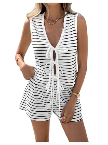 Image of GORGLITTER Co Ord Sets for Women Uk Striped Ribbed V Neck Sleeveless Tie Front Vests and Shorts 2 Piece Travel Outfit Holiday Clothes White S